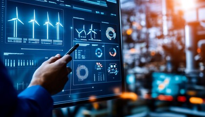 Engineer Using Stylus on Screen with Wind Turbine Simulations