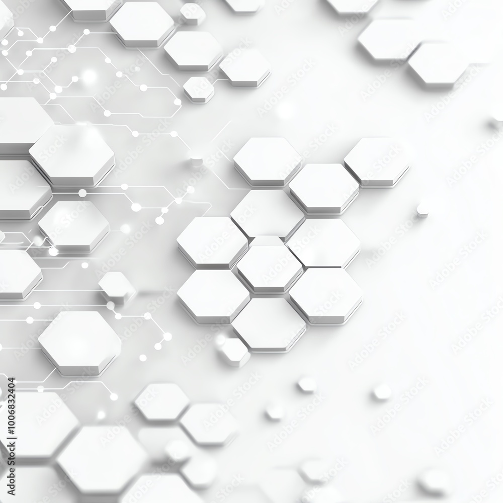 Poster abstract white hexagonal background with 3d geometric shapes and circuit lines. modern technology an