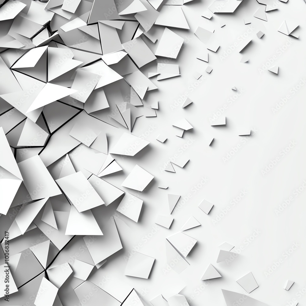 Poster abstract white geometric shapes scattered on a light background creating a modern and dynamic design