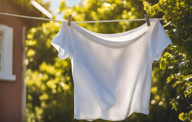 A Colorful Array of Clothing Swinging on a Breezy Clothesline, White clothes hanging on a line with the sun shining through the grass