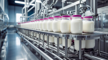 Fototapeta premium Industrial yogurt and berry blending in a fully automated factory line.