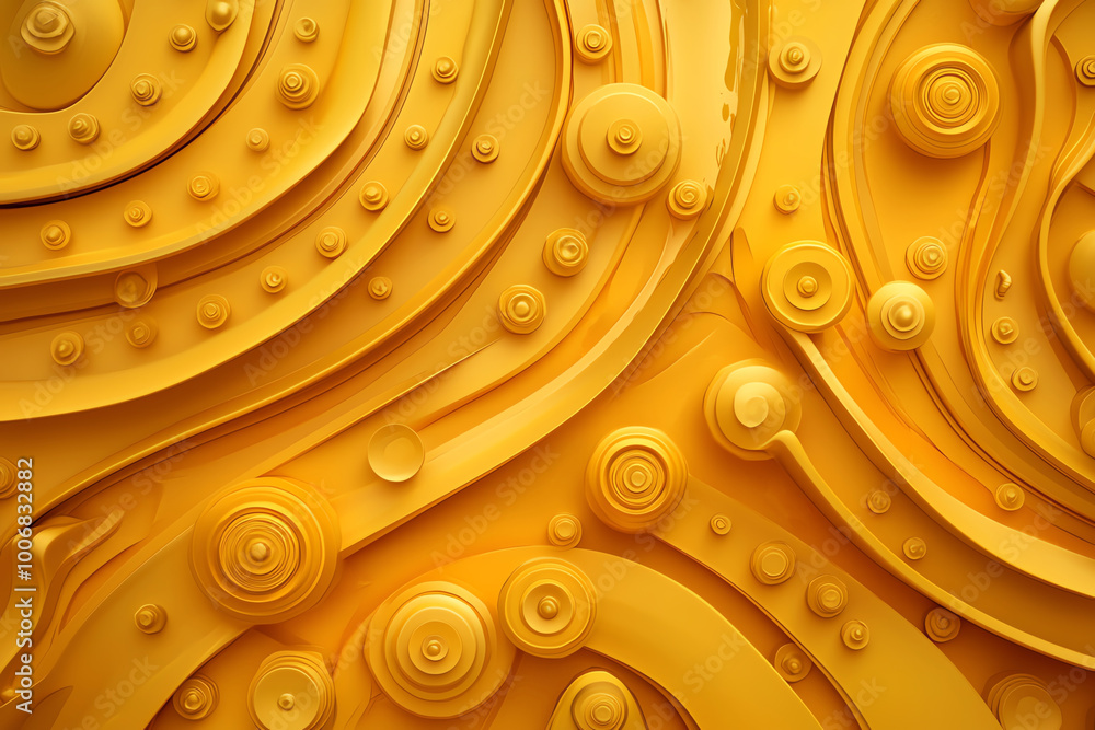Poster close-up of a textured yellow abstract design with swirls and circular patterns creating a modern an