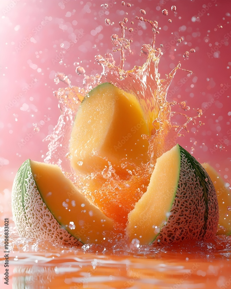 Poster cantaloupe slices splashing in a refreshing drink.