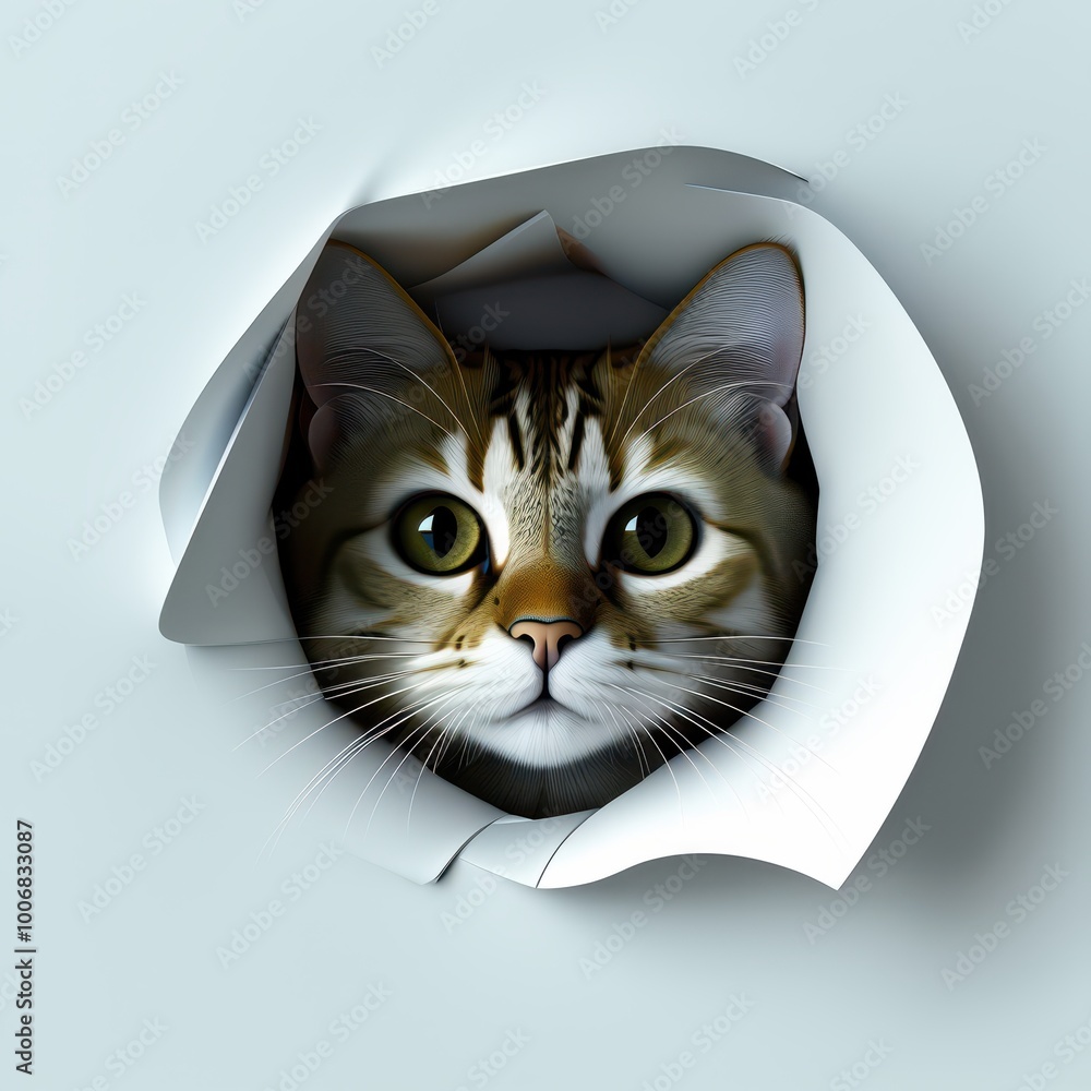 Poster a cat's face peeking through torn paper, creating a playful and whimsical effect.