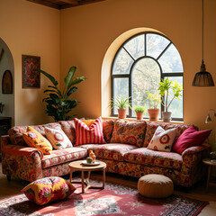 Corner sofa with pillows against arched window. Boho ethnic home interior design of modern living room.