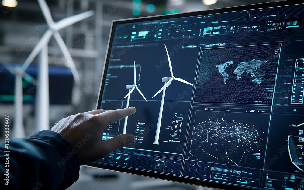 Aufkleber Engineer Navigating Wind Turbine Models on Touchscreen