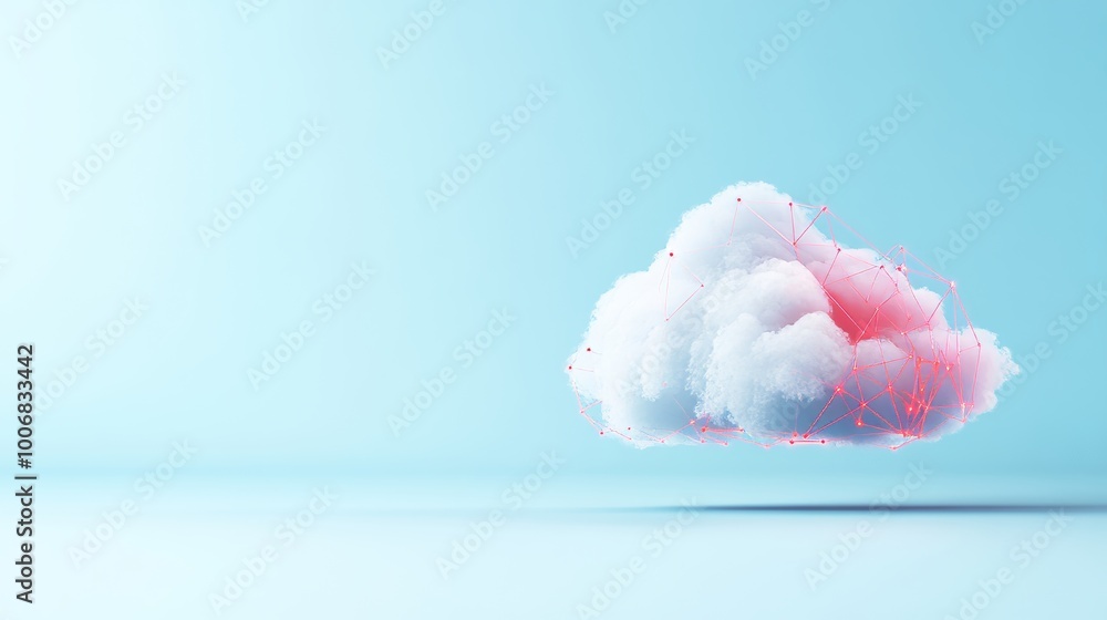 Poster digital concept of a cloud with an interconnected network structure against a minimalistic light blu