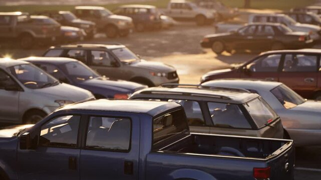 Numerous vehicles are parked closely together in a bustling lot, illuminated by the warm glow of the late afternoon sun as the day winds down.