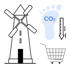 Windmill with a reduced carbon dioxide footprint, accompanied by a shopping cart and downward arrow. Ideal for sustainability, renewable energy, eco-friendly shopping, carbon reduction, wind power