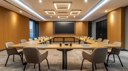 Modern meeting room with light-colored wooden tables and comfortable chairs, divided into different collaborative areas, featuring a large walkway for accessibility.