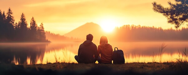 Couple enjoying a peaceful sunset by a serene lake with mountains in the background, reflecting tranquility and togetherness.