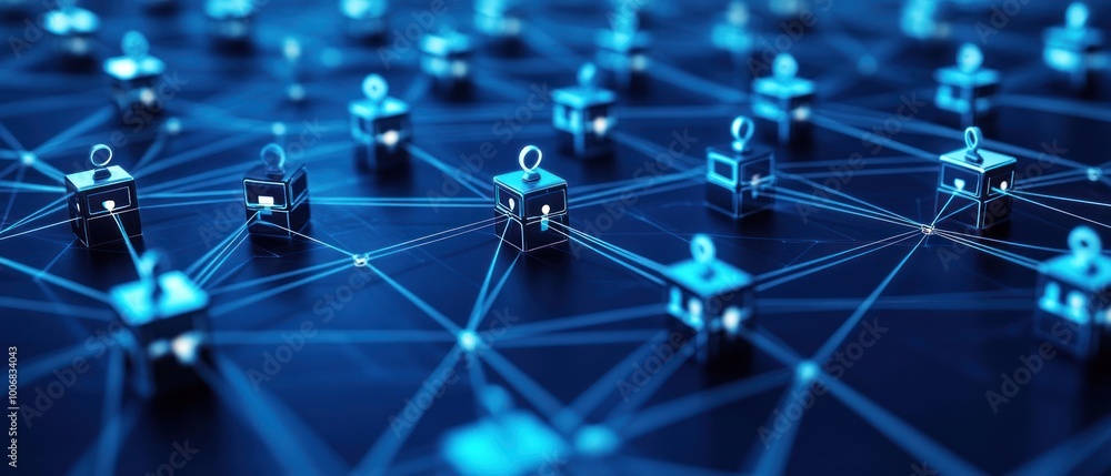 Poster social network of digital nodes representing secure, decentralized transactions and communication sy