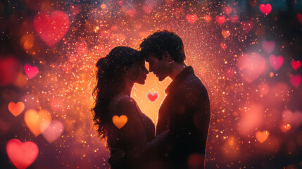 A couple embracing under a shower of heart confetti, floating on a pastel backdrop,