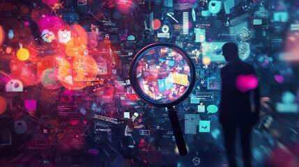 A silhouette figure examines a digital landscape filled with colorful data and technology through a magnifying glass.