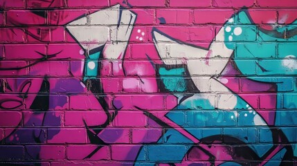 A vivid graffiti mural adorns a brick wall, characterized by its bright colors, intricate street art, and layered figures.
