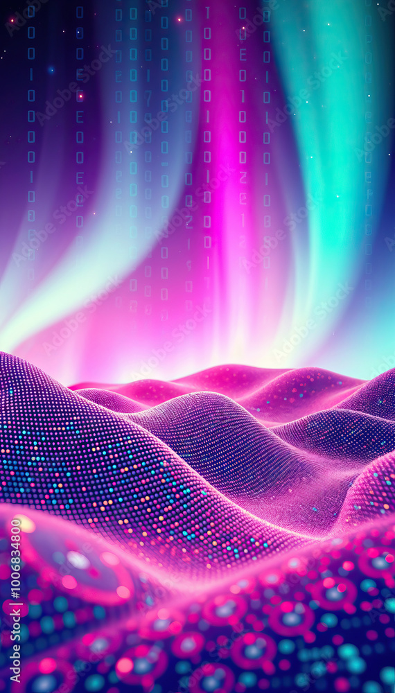 Poster vibrant digital landscape with glowing neon waves aurora borealis northern lights binary code rain t
