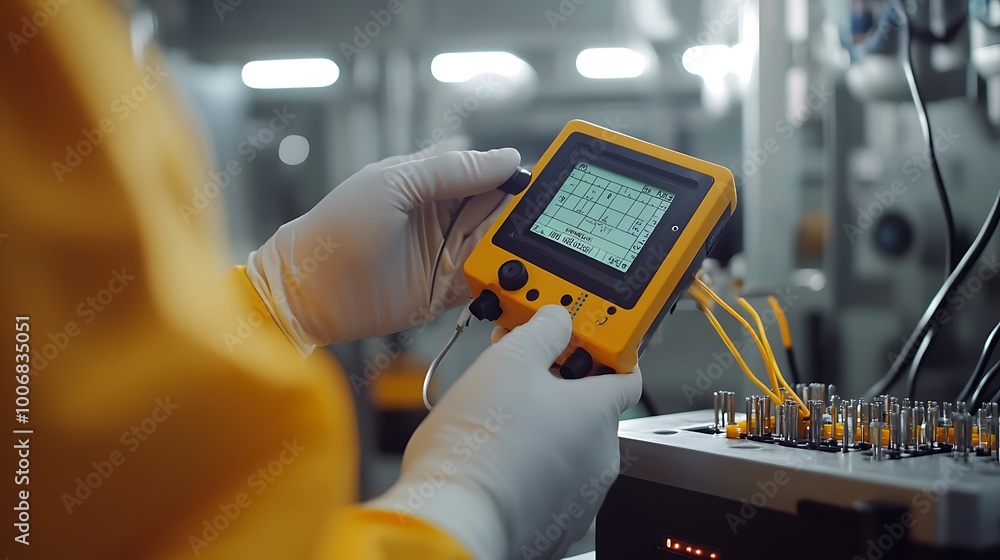 Poster Engineer Testing Energy Storage Battery Efficiency with Multimeter
