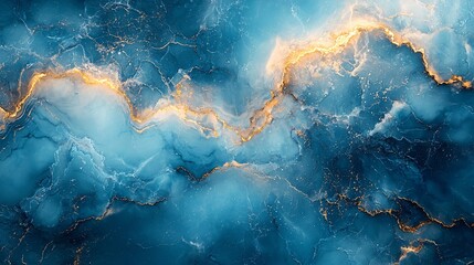 A smooth pastel blue marble texture with fine gold veins flowing smoothly, radiating calmness and elegance
