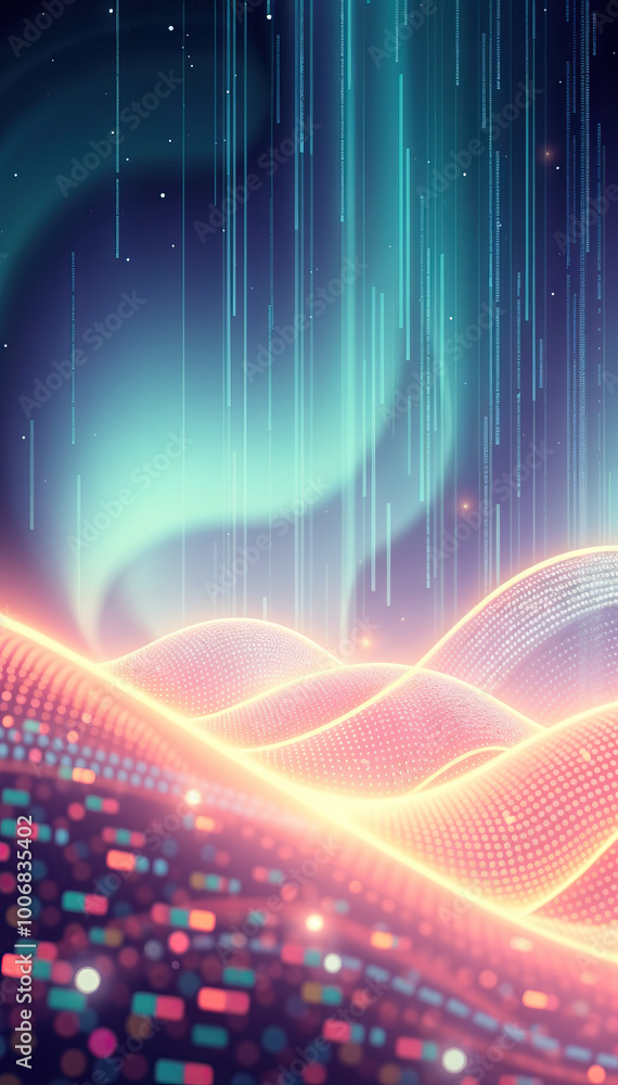 Poster vibrant digital landscape with glowing neon lines and dots on undulating grid for futuristic technol