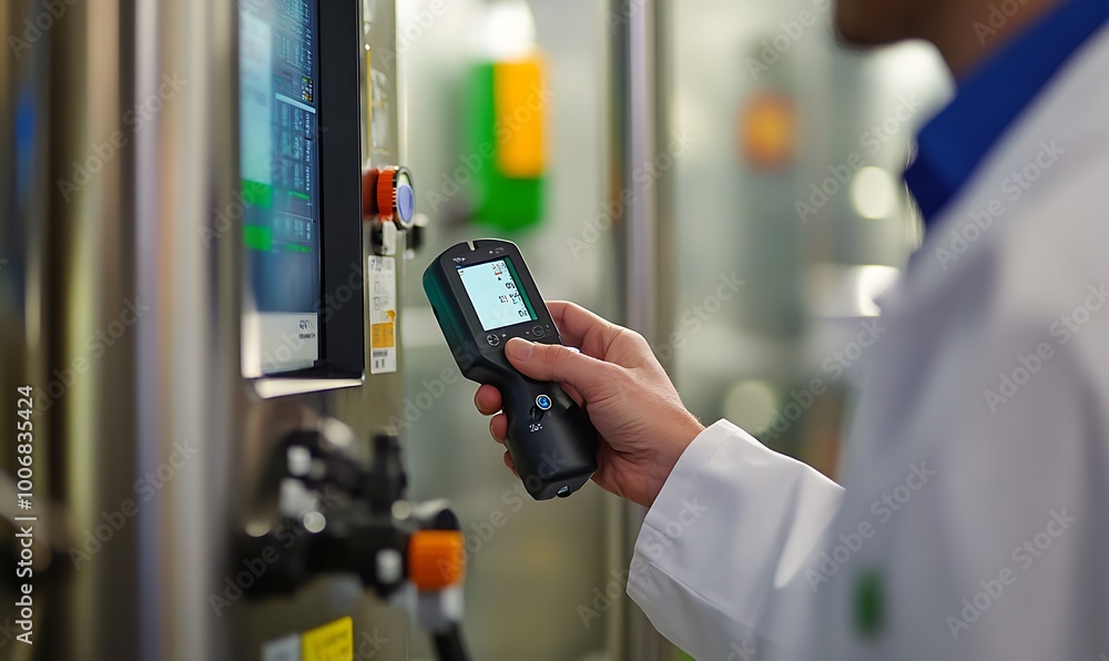 Poster engineer measuring quality of energy storage battery with sensor