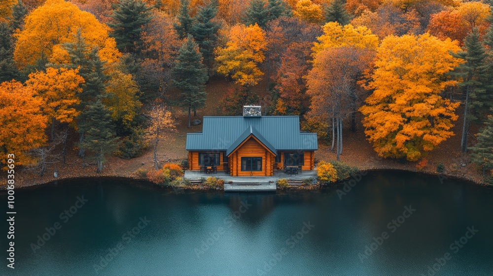Poster a house sits on a lake with a view of the trees