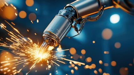 A robotic arm welding parts together in an automotive manufacturing plant, robotic welding, car production