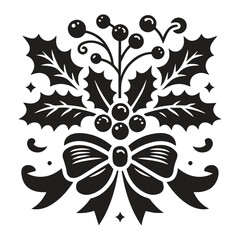 Stylish Christmas Holly Bouquet with Ribbon, leavs, Berries, and Black Silhouette Ornaments Holiday Art for Decor
