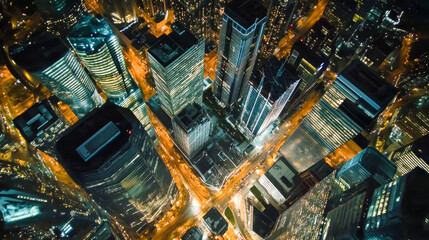 Aerial view of a vibrant modern cityscape featuring illuminated skyscrapers and busy roads at night showcasing urban life and architecture