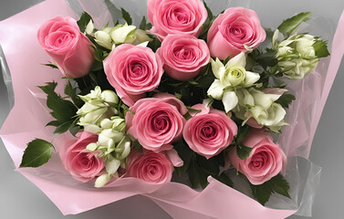Pink Rose Green Bouquet, Creeting Valentines Day Mothers Day Or Birthday Bouquet Of Fresh Rose Flowers, Spring flowers bouquet with copy space for a text

