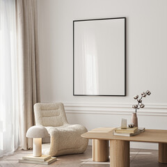 Frame mockup, ISO A paper size. Living room wall poster mockup. Interior mockup with house background. Modern interior design. 3D render
