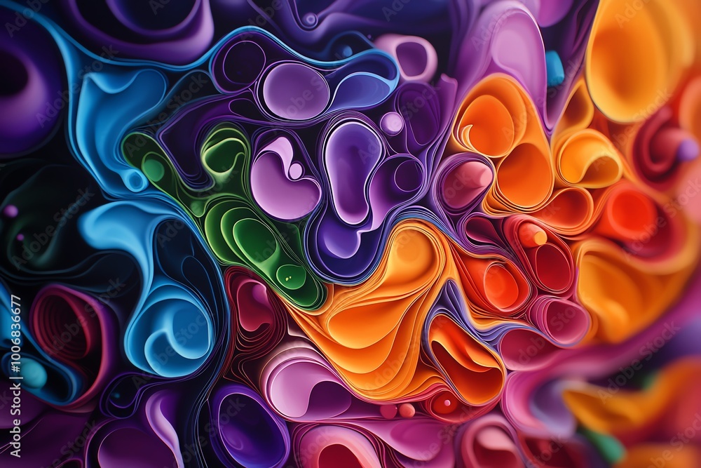Poster vibrant abstract fluid art featuring swirling colorful patterns and organic shapes, creating a mesme