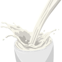 A milk being poured into a white cup, creating an energetic splash. Ideal for dairy related designs, highlighting purity, freshness, and nutritional value. Perfect for food or drink themes.