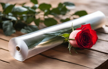 Paper or plastic stretch film as wrapping for red rose flowers. Romantic bouquet of a number of long stem bright red roses. Rose flowers wrapped in clear plastic wrapping. valentines day gift for spec