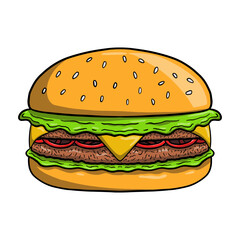 Cartoon style burger illustration featuring a juicy beef patty, crispy bacon, melted cheese, and fresh lettuce, all tucked between a soft sesame seed bun. Delicious burger, colored image.