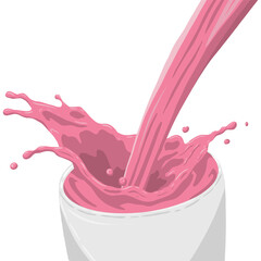 Illustration of a pink liquid being poured into a white cup, splashing with dynamic motion. Ideal for beverage or food-related concepts, emphasizing freshness and energy. Strawberry milk.