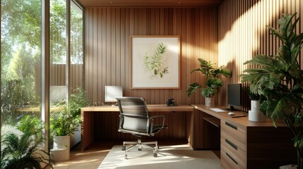 Fototapeta premium Modern office with wooden wall art, large windows, and a clean desk setup. Bright and open with an artistic framed poster adding a stylish touch.