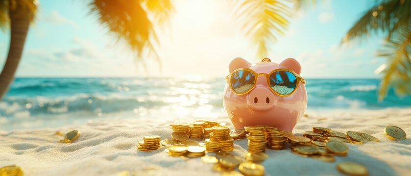 Piggy bank with stacks of gold coins on tropical beach sand for vacation savings and financial savings concept