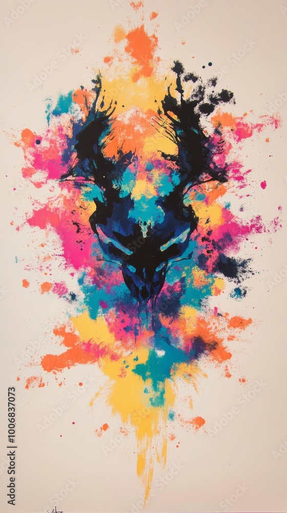 Poster a vibrant and dynamic abstract image of a deer head formed by colorful splashes, blending wildness w