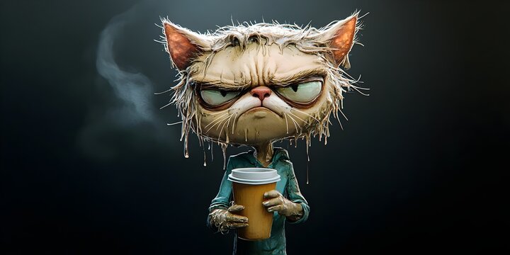 A grumpy-looking cat with dripping fur holds a steaming cup of coffee, seemingly annoyed.