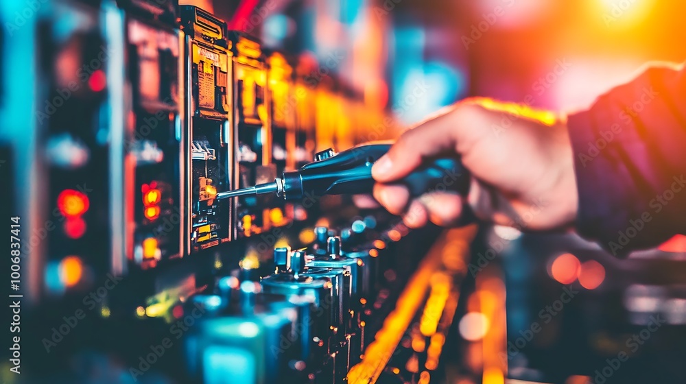 Poster engineer inserting diagnostic tool into energy storage battery