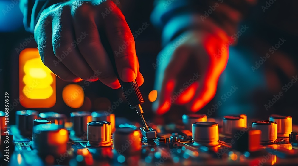 Poster engineer inserting diagnostic tool into energy storage battery