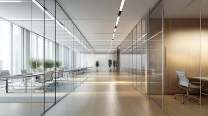 Obraz premium Office meeting room with glass walls, divided into discussion sections with tables and chairs, featuring a prominent central walkway for movement and collaboration.