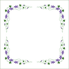 Elegant green vegetal ornamental frame with violet flowers, decorative border, corners for greeting cards, banners, business cards, invitations, menus. Isolated vector illustration.	
