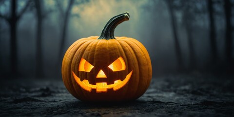 Obraz premium abstract eerie glowing yellow lined up Halloween pumpkin on misty background, bokeh background