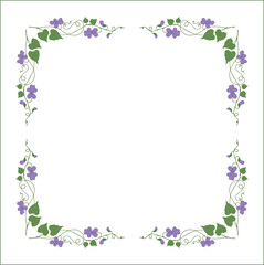 Elegant green vegetal ornamental frame with violet flowers, decorative border, corners for greeting cards, banners, business cards, invitations, menus. Isolated vector illustration.	
