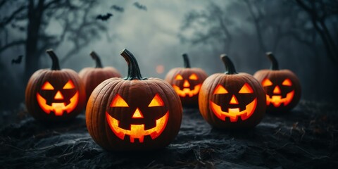 abstract eerie glowing red lined up Halloween pumpkin on misty background, bokeh background