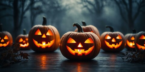 Fototapeta premium abstract eerie glowing red lined up Halloween pumpkin on misty background, bokeh background