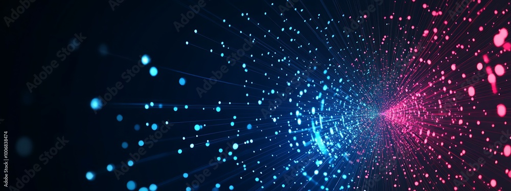 Poster abstract digital background with blue and pink glowing particles moving outwards from the center of 