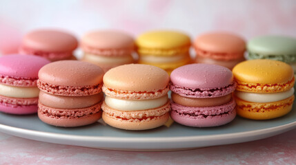 Obraz premium A set of colorful macarons arranged on a plate, isolated on a pastel backdrop,