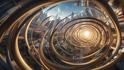A cityscape being warped and stretched through a vortex, with clocks twisting around buildings and streets, representing the fluidity and distortion of time in the modern, fast-paced world.